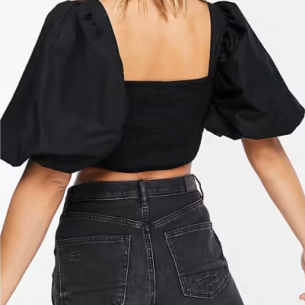 aerie Black Puff-Sleeve Square-Back Crop Top